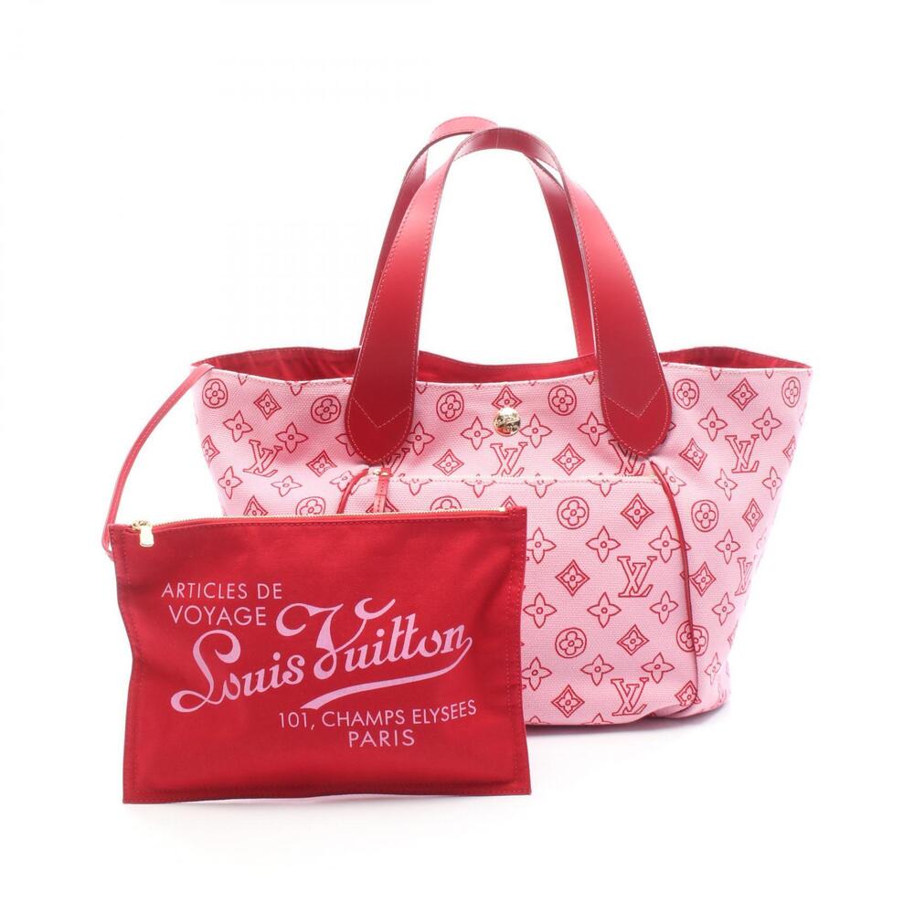 Louis Vuitton Cabas Ipanema Beach Rose Pink Tote Bag Canvas Leather Pink Red